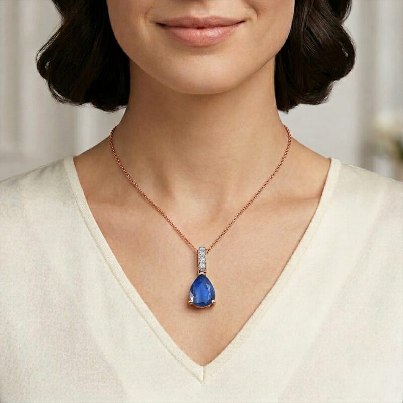 D'Joy Premium Kashmir Blue Kyanite and White Zircon 2.35 ctw Pendant Necklace in 18K Vermeil Rose Gold Over Sterling Silver 20 Inches