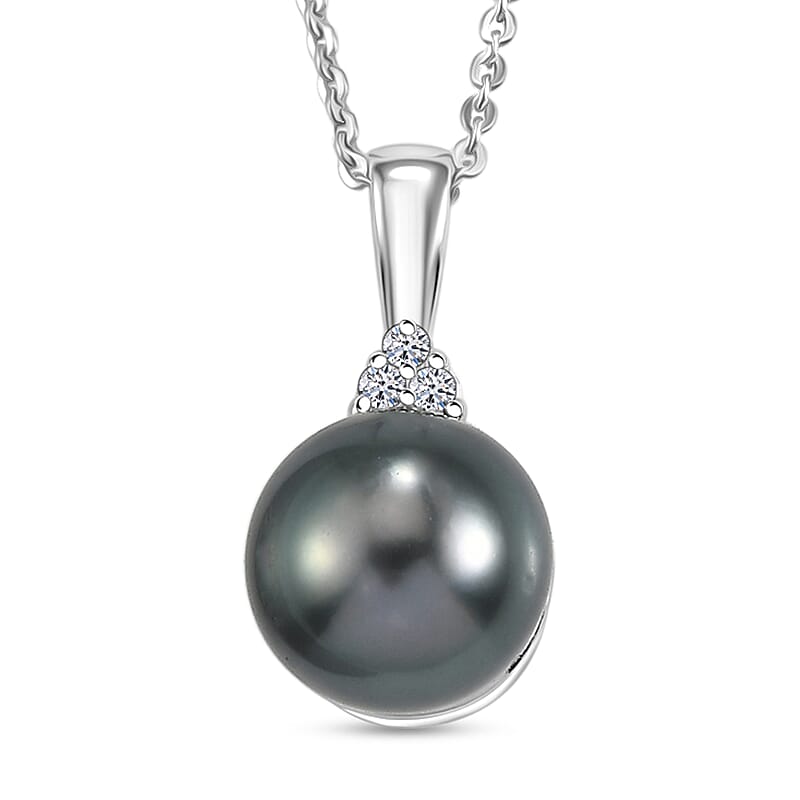 Premium Tahitian Pearl and Luxuriant Lab Grown Diamond G-H SI 0.40 ctw Celestial Orbit Pendant Necklace in Rhodium Over Sterling Silver 20 Inches