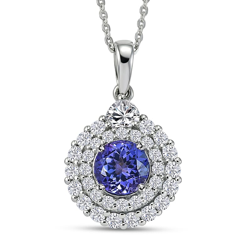 Certified & Appraised D'Joy Tanzanite and Moissanite 2.10 ctw Pendant Necklace (20 Inches) in Rhodium Over Sterling Silver