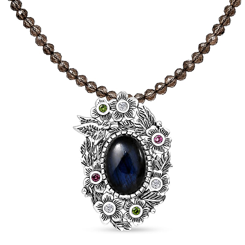 D'Joy Indian Artisan Crafted Malagasy Labradorite, Multi Gemstone Pendant with Beaded Necklace (20 Inches) in Rhodium Over Sterling Silver 33.50 ctw