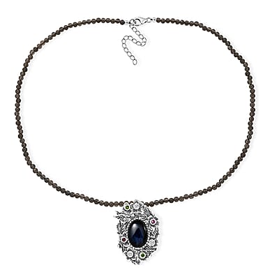 D'Joy Indian Artisan Crafted Malagasy Labradorite, Multi Gemstone Pendant with Beaded Necklace (20 Inches) in Rhodium Over Sterling Silver 33.50 ctw