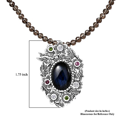 D'Joy Indian Artisan Crafted Malagasy Labradorite, Multi Gemstone Pendant with Beaded Necklace (20 Inches) in Rhodium Over Sterling Silver 33.50 ctw
