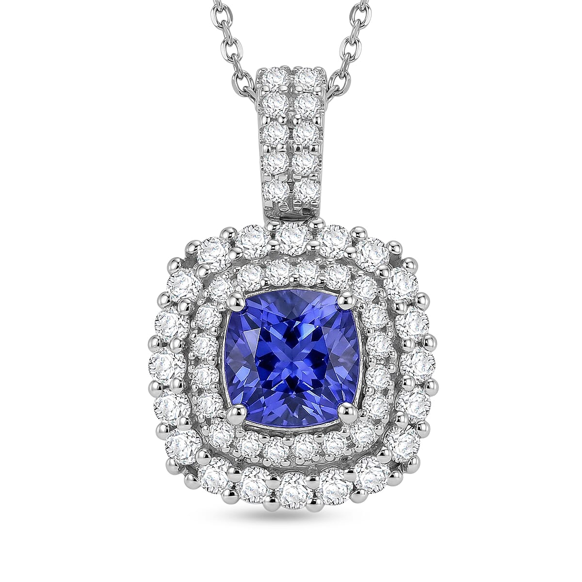 Certified & Appraised D'Joy Tanzanite and Moissanite 2.00 ctw Pendant Necklace in Rhodium Over Sterling Silver (20 Inches)