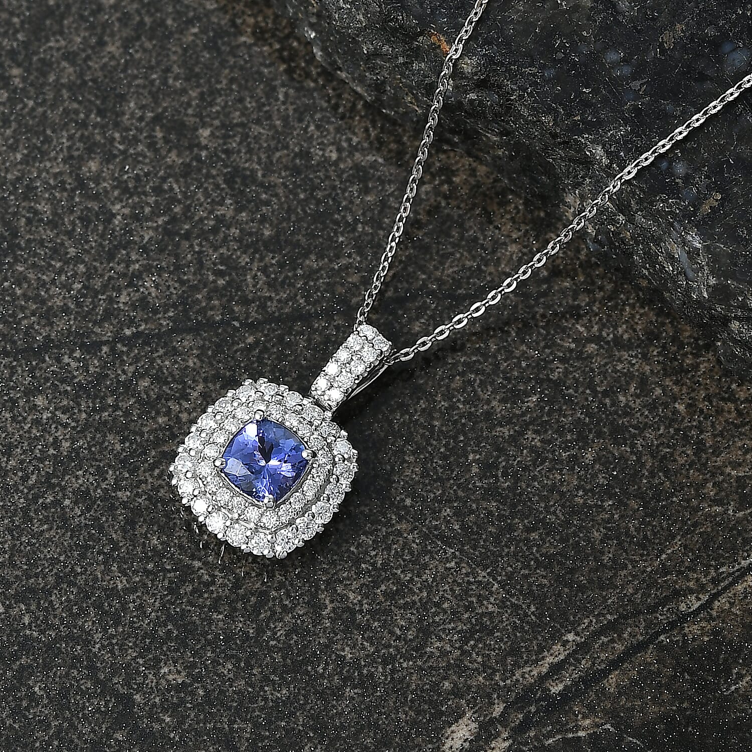 Certified & Appraised D'Joy Tanzanite and Moissanite 2.00 ctw Pendant Necklace in Rhodium Over Sterling Silver (20 Inches)