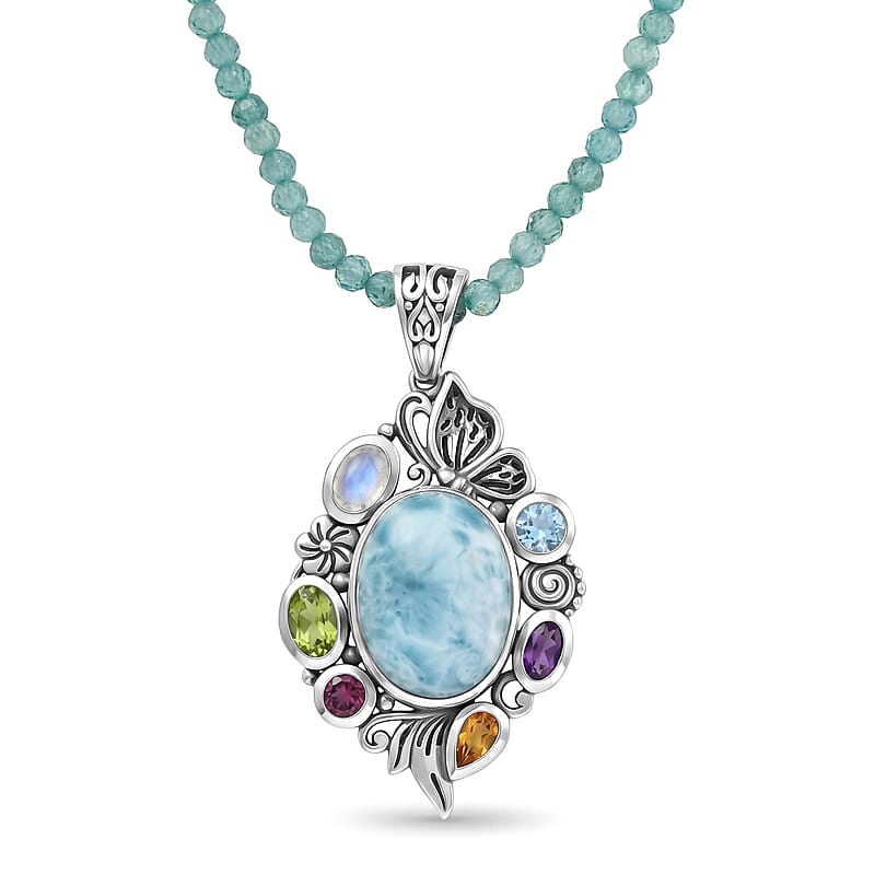 D'Joy Indian Artisan Crafted Premium Larimar, Multi Gemstone Pendant with Beaded Necklace (20 Inches) in Sterling Silver 45.40 ctw