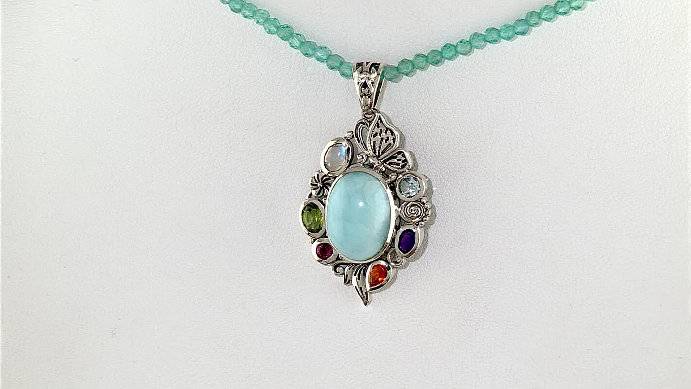 D''Joy Indian Artisan Crafted Premium Larimar, Multi Gemstone Pendant with Beaded Necklace (20 Inches) in Sterling Silver 45.40 ctw