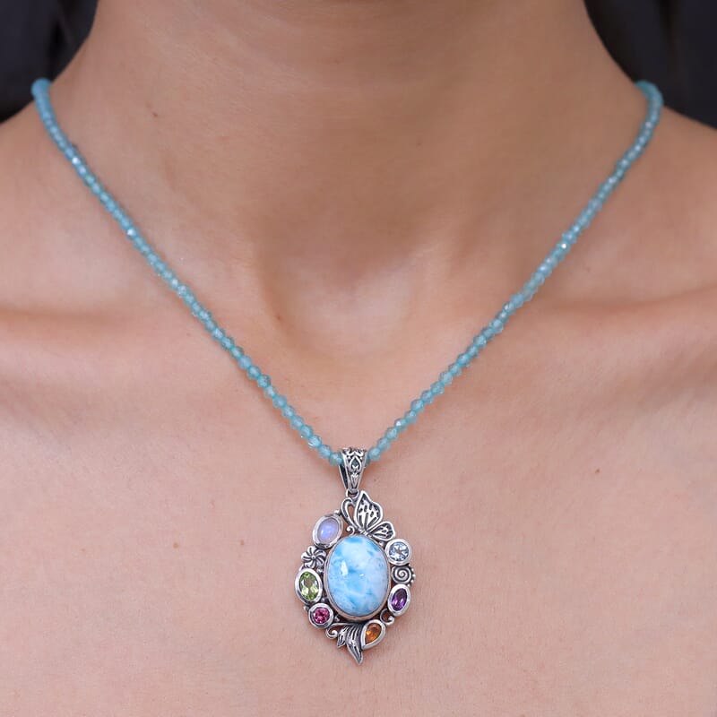 D'Joy Indian Artisan Crafted Premium Larimar, Multi Gemstone Pendant with Beaded Necklace (20 Inches) in Sterling Silver 45.40 ctw