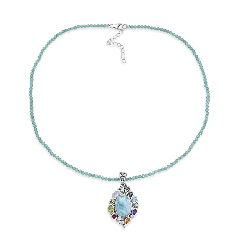 D'Joy Indian Artisan Crafted Premium Larimar, Multi Gemstone Pendant with Beaded Necklace (20 Inches) in Sterling Silver 45.40 ctw