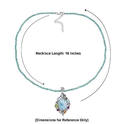 D'Joy Indian Artisan Crafted Premium Larimar, Multi Gemstone Pendant with Beaded Necklace (20 Inches) in Sterling Silver 45.40 ctw