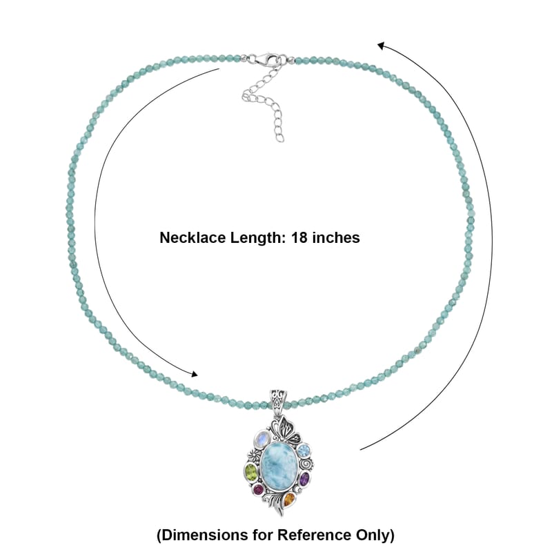 D'Joy Indian Artisan Crafted Premium Larimar, Multi Gemstone Pendant with Beaded Necklace (20 Inches) in Sterling Silver 45.40 ctw