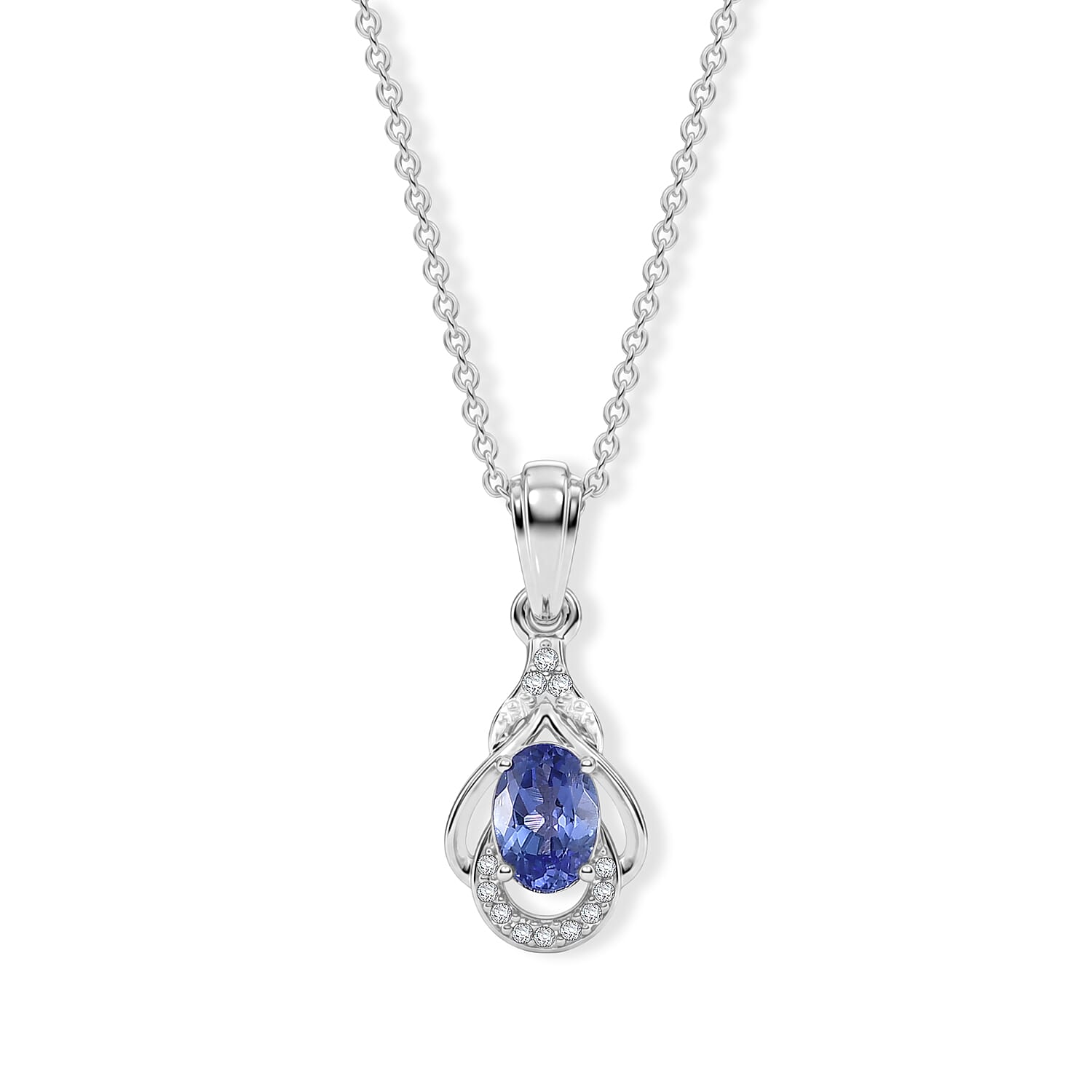 D'Joy Premium Tanzanite and White Zircon 0.60 ctw Pendant Necklace in Rhodium Over Sterling Silver 20 Inches