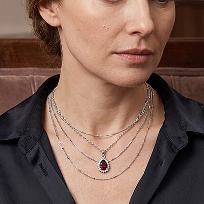 D'Joy Mozambique Garnet and White Zircon 2.35 ctw Pendant in Rhodium Over Sterling Silver with Stainless Steel Necklace 20 Inches