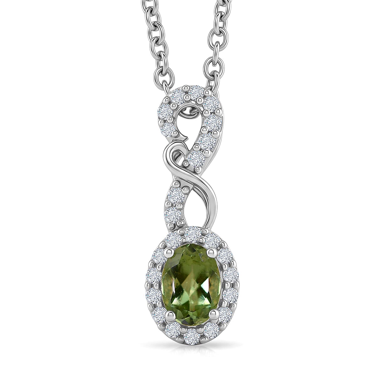 D'Joy Premium Natural Green Apatite and White Zircon 0.80 ctw Pendant in Rhodium Over Sterling Silver with Stainless Steel Necklace 20 Inches