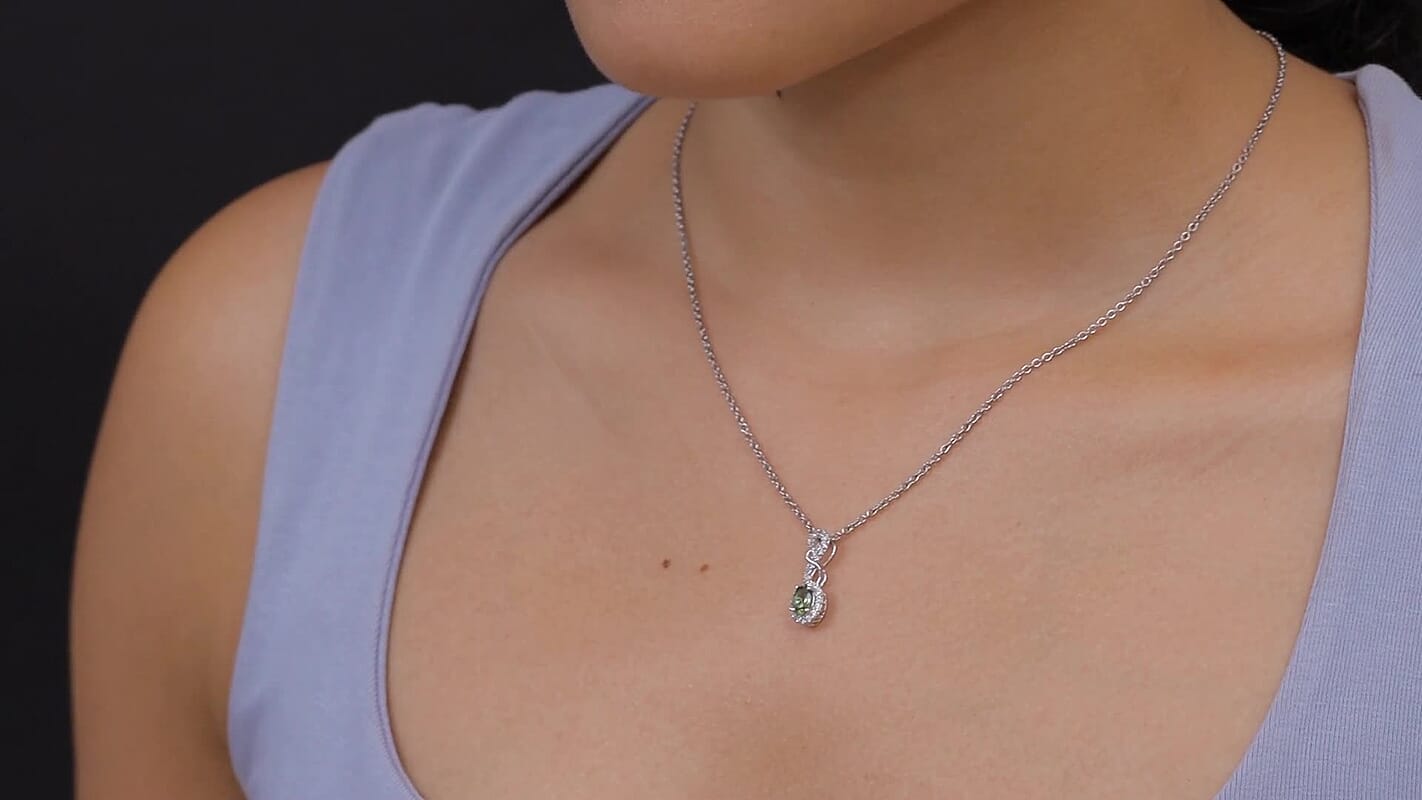 D'Joy Premium Natural Green Apatite, White Zircon Pendant in Rhodium Over Sterling Silver with Stainless Steel Necklace (20 Inches) 0.80 ctw