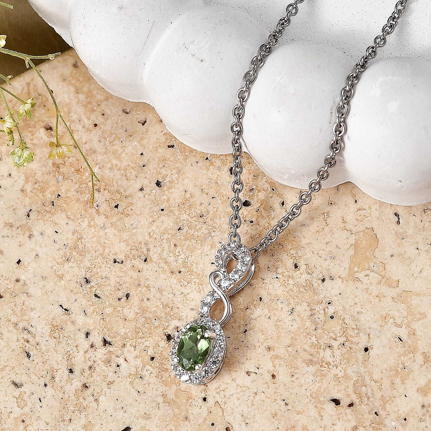 D'Joy Premium Natural Green Apatite and White Zircon 0.80 ctw Pendant in Rhodium Over Sterling Silver with Stainless Steel Necklace 20 Inches