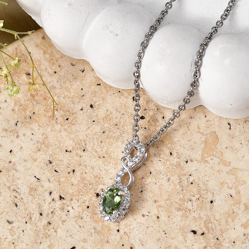 D'Joy Premium Natural Green Apatite and White Zircon 0.80 ctw Pendant in Rhodium Over Sterling Silver with Stainless Steel Necklace 20 Inches