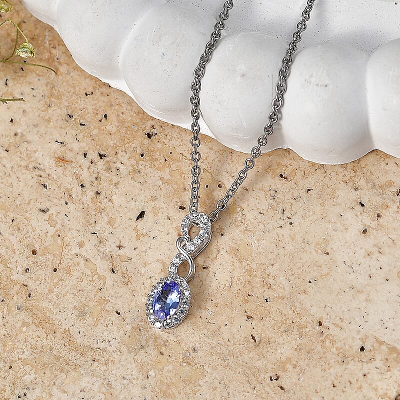D'Joy Premium Tanzanite and White Zircon 0.75 ctw Pendant in Rhodium Over Sterling Silver with Stainless Steel Necklace 20 Inches