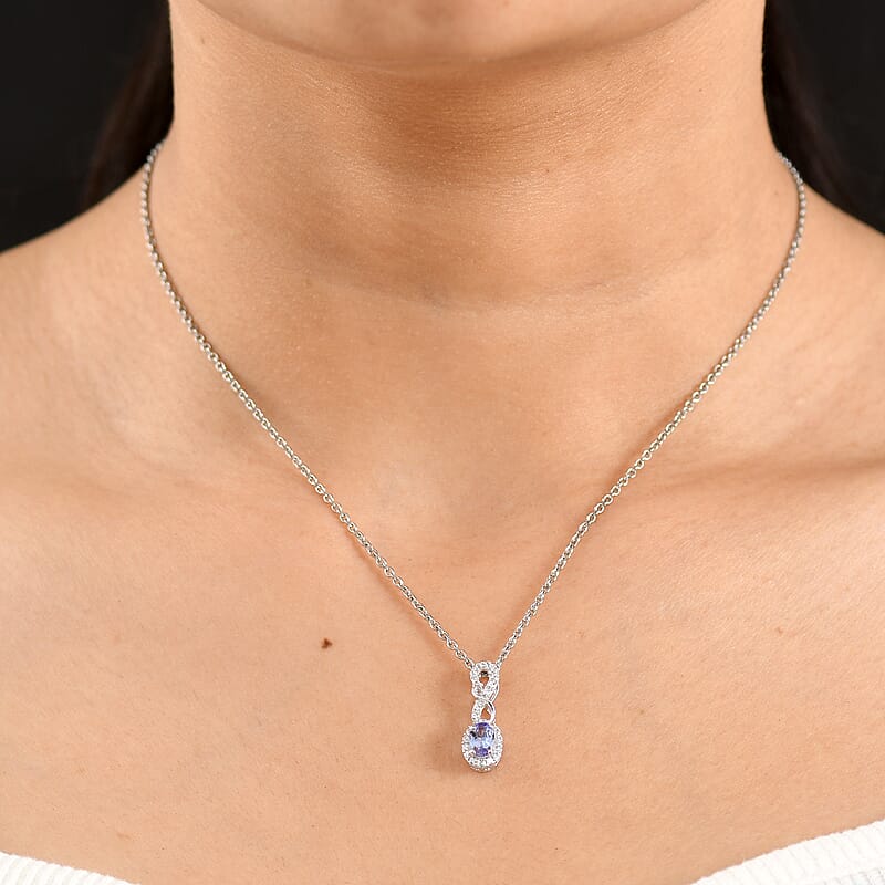 D'Joy Premium Tanzanite and White Zircon 0.75 ctw Pendant in Rhodium Over Sterling Silver with Stainless Steel Necklace 20 Inches