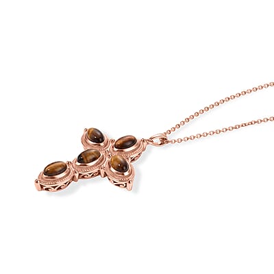 EverTrue Red Tiger Eye 6.30 ctw Pendant in 14K RG Over Copper with ION Plated RG Stainless Steel Necklace 20 Inches