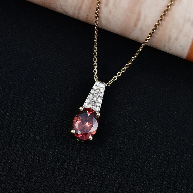 Luxoro AAA Red Zircon and Diamond I2 2.80 ctw Royal Heritage Glow Pendant Necklace in 10K Yellow Gold 20 Inches