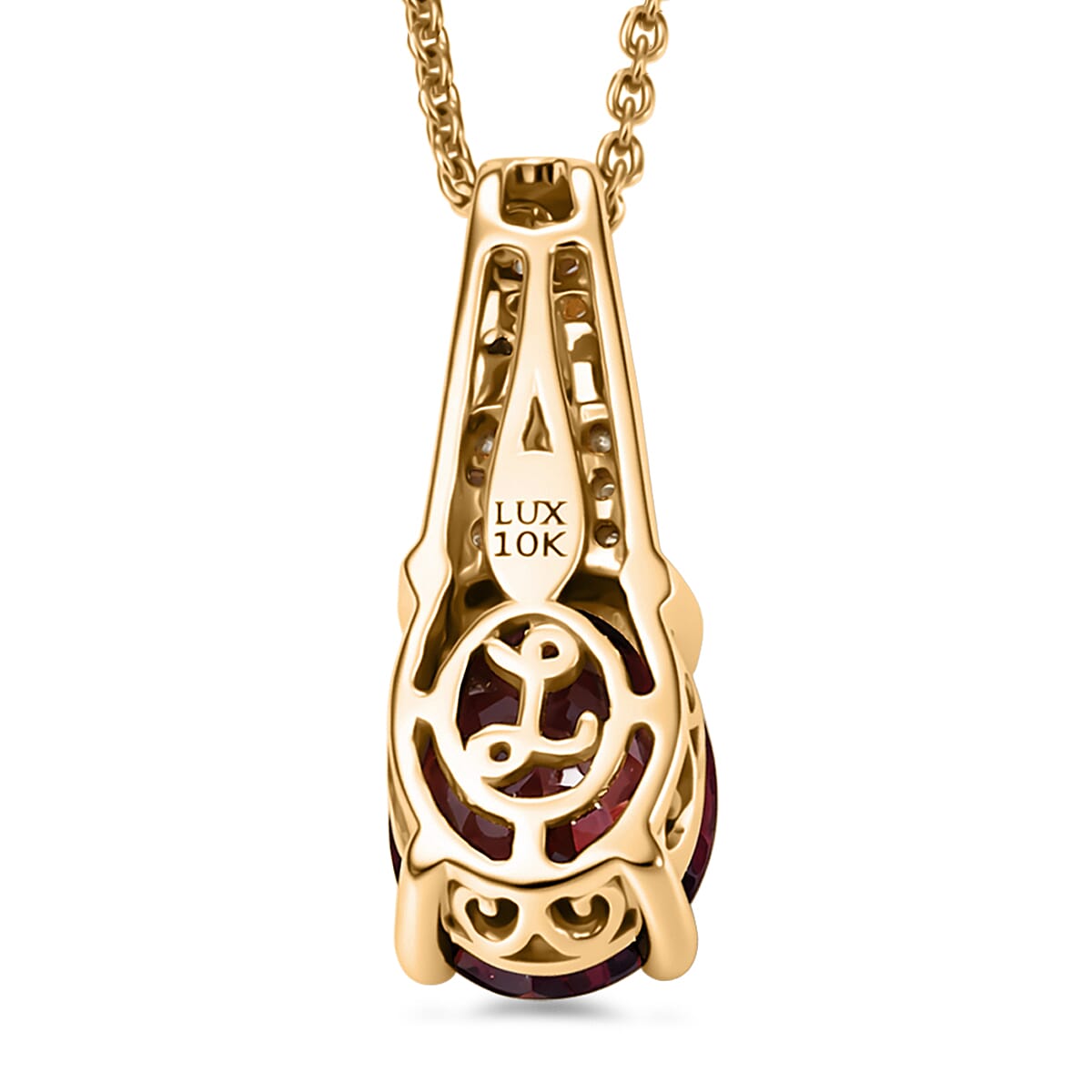Luxoro AAA Red Zircon and Diamond I2 2.80 ctw Royal Heritage Glow Pendant Necklace in 10K Yellow Gold 20 Inches