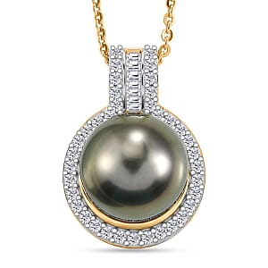 D'Joy Premium Tahitian Pearl and Diamond 0.25 ctw Geometry Halo Pendant Necklace in 18K Vermeil Yellow Gold Over Sterling Silver 20 Inches 