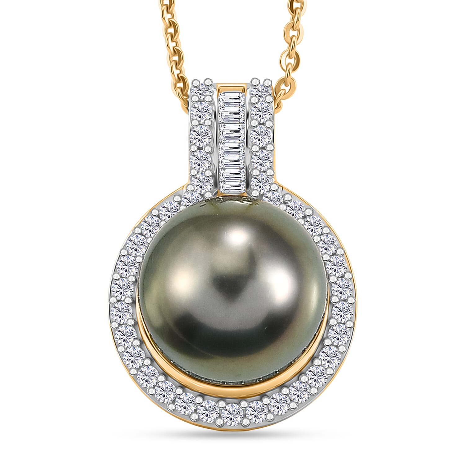 D'Joy Premium Tahitian Pearl and Diamond 0.25 ctw Geometry Halo Pendant Necklace in 18K Vermeil Yellow Gold Over Sterling Silver