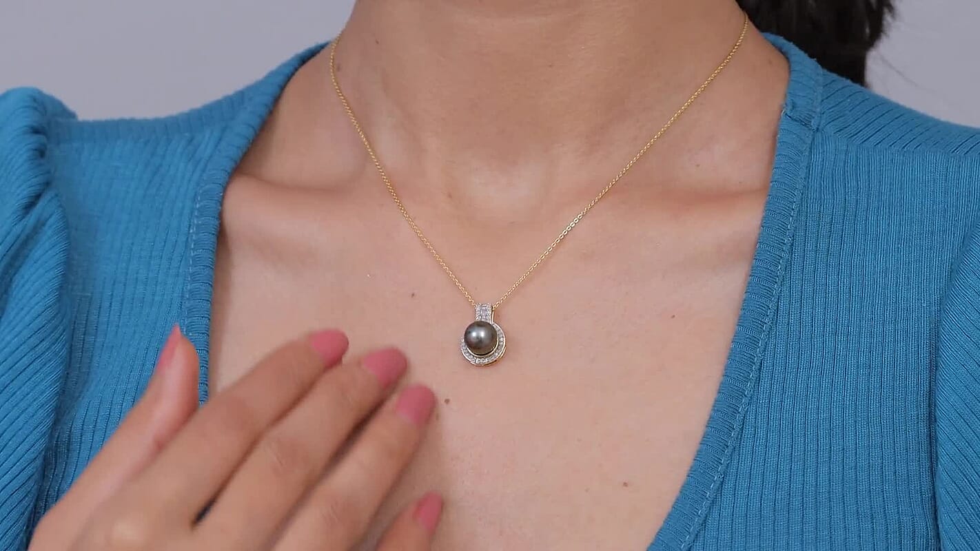 D'Joy Premium Tahitian Pearl and Diamond 0.25 ctw Geometry Halo Pendant Necklace in 18K Vermeil Yellow Gold Over Sterling Silver 20 Inches