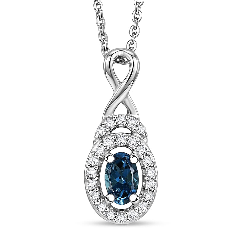 D'Joy Monte Belo Indicolite and Moissanite 0.40 ctw Ocean Grace Halo Pendant Necklace in Rhodium Over Sterling Silver 20 Inches