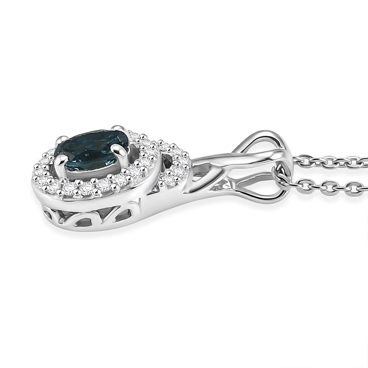 D'Joy Monte Belo Indicolite and Moissanite 0.40 ctw Ocean Grace Halo Pendant Necklace in Rhodium Over Sterling Silver 20 Inches  image number 3