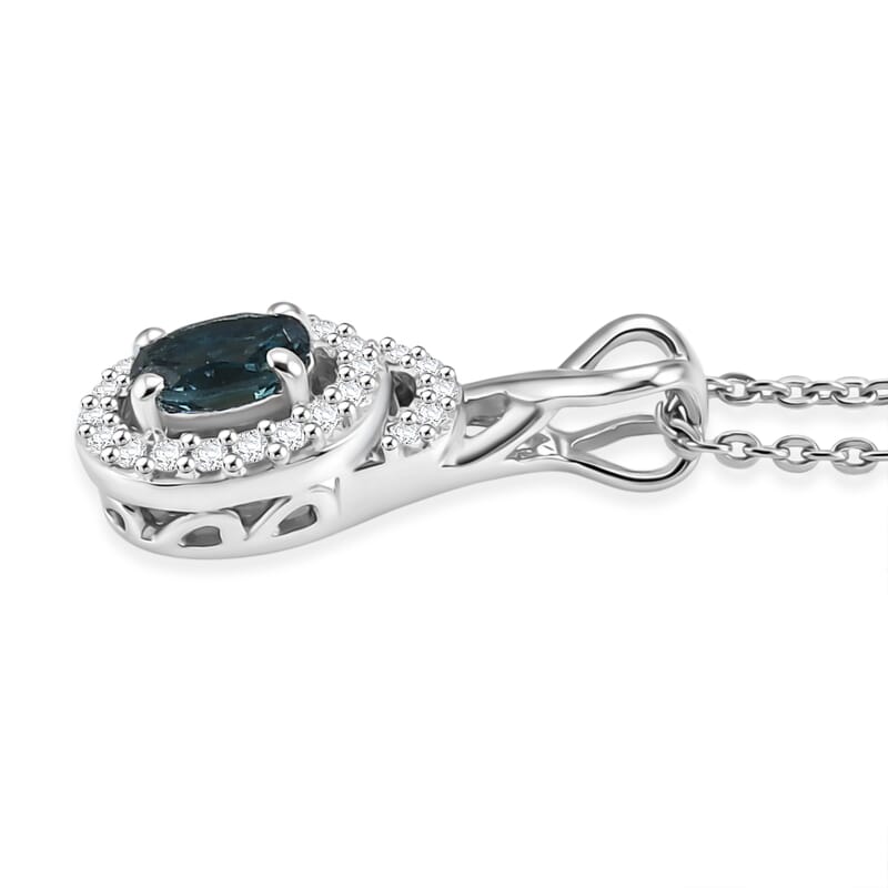 D'Joy Monte Belo Indicolite and Moissanite 0.40 ctw Ocean Grace Halo Pendant Necklace in Rhodium Over Sterling Silver 20 Inches