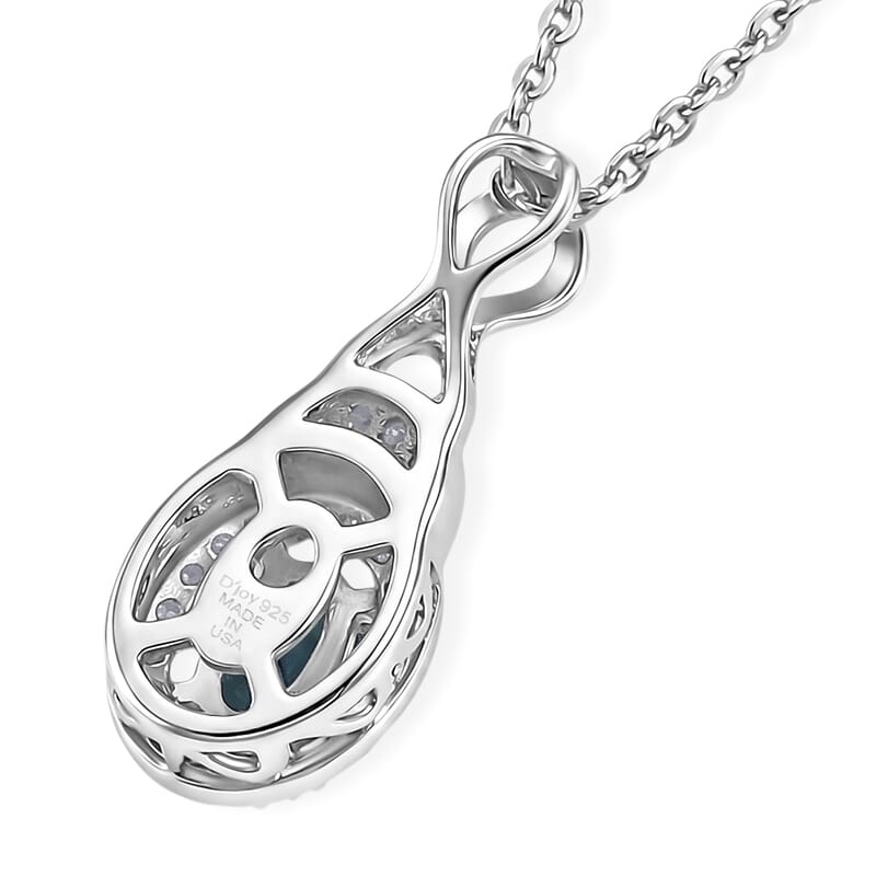D'Joy Monte Belo Indicolite and Moissanite 0.40 ctw Ocean Grace Halo Pendant Necklace in Rhodium Over Sterling Silver 20 Inches