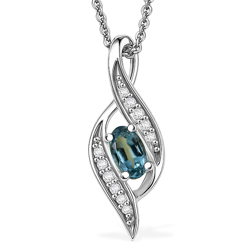 D'Joy Monte Belo Indicolite and Moissanite 0.30 ctw Ocean Flow Pendant Necklace in Rhodium Over Sterling Silver 20 Inches