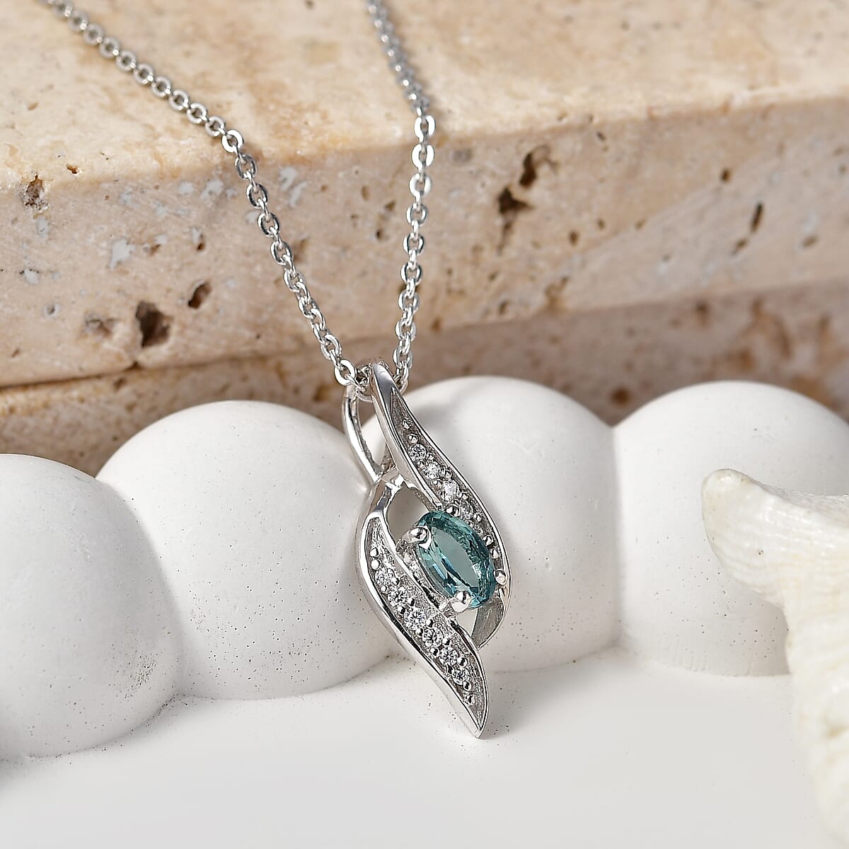 D'Joy Monte Belo Indicolite and Moissanite 0.30 ctw Ocean Flow Pendant Necklace in Rhodium Over Sterling Silver 20 Inches image number 1