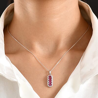 D'Joy Premium Ouro Fino Rubellite and Moissanite 1.60 ctw Pendant Necklace in Rhodium Over Sterling Silver 20 Inches