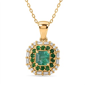 D'Joy AAA Kagem Zambian Emerald and Moissanite 1.70 ctw Royal Blossom Pendant Necklace in 18K Vermeil Yellow Gold Over Sterling Silver 20 Inches