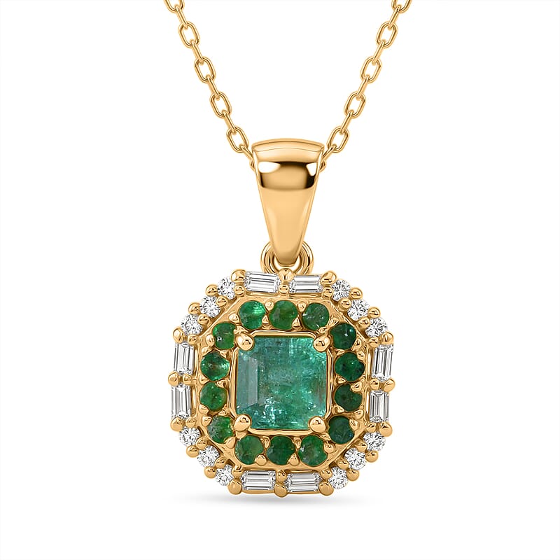 D'Joy AAA Kagem Zambian Emerald and Moissanite 1.20 ctw Royal Blossom Pendant Necklace in 18K Vermeil Yellow Gold Over Sterling Silver 20 Inches
