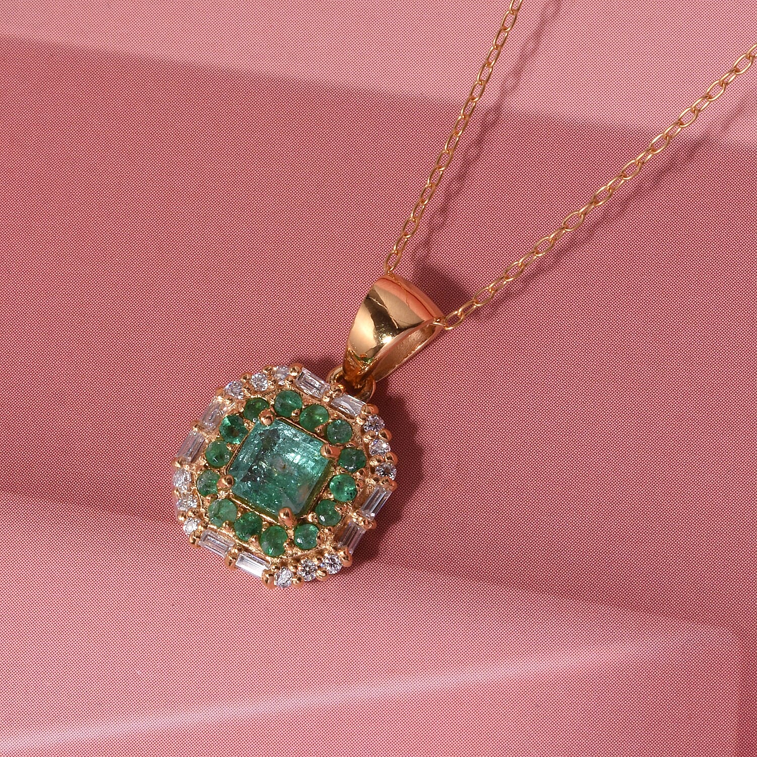 D'Joy AAA Kagem Zambian Emerald and Moissanite 1.20 ctw Royal Blossom Pendant Necklace in 18K Vermeil Yellow Gold Over Sterling Silver 20 Inches
