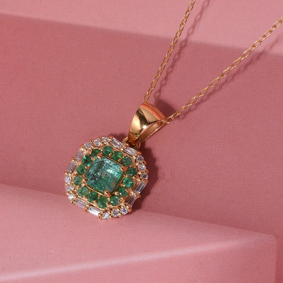 D'Joy AAA Kagem Zambian Emerald and Moissanite 1.70 ctw Royal Blossom Pendant Necklace in 18K Vermeil Yellow Gold Over Sterling Silver 20 Inches image number 1