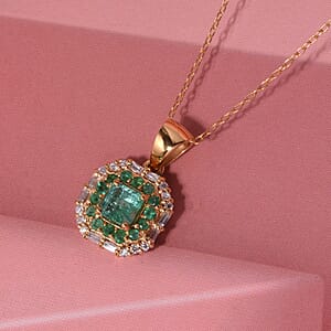 D'Joy AAA Kagem Zambian Emerald and Moissanite 1.70 ctw Royal Blossom Pendant Necklace in 18K Vermeil Yellow Gold Over Sterling Silver 20 Inches