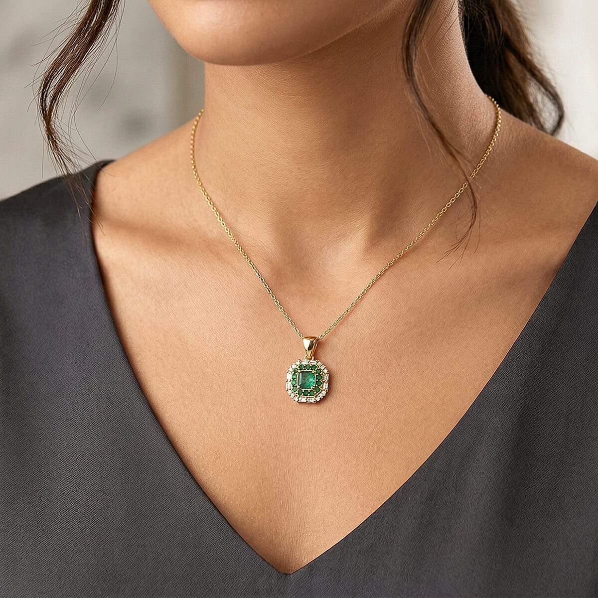 D'Joy AAA Kagem Zambian Emerald and Moissanite 1.70 ctw Royal Blossom Pendant Necklace in 18K Vermeil Yellow Gold Over Sterling Silver 20 Inches image number 2
