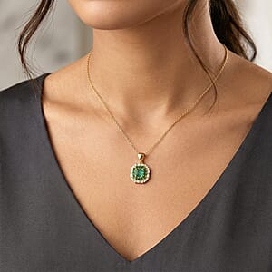 D'Joy AAA Kagem Zambian Emerald and Moissanite 1.70 ctw Royal Blossom Pendant Necklace in 18K Vermeil Yellow Gold Over Sterling Silver 20 Inches