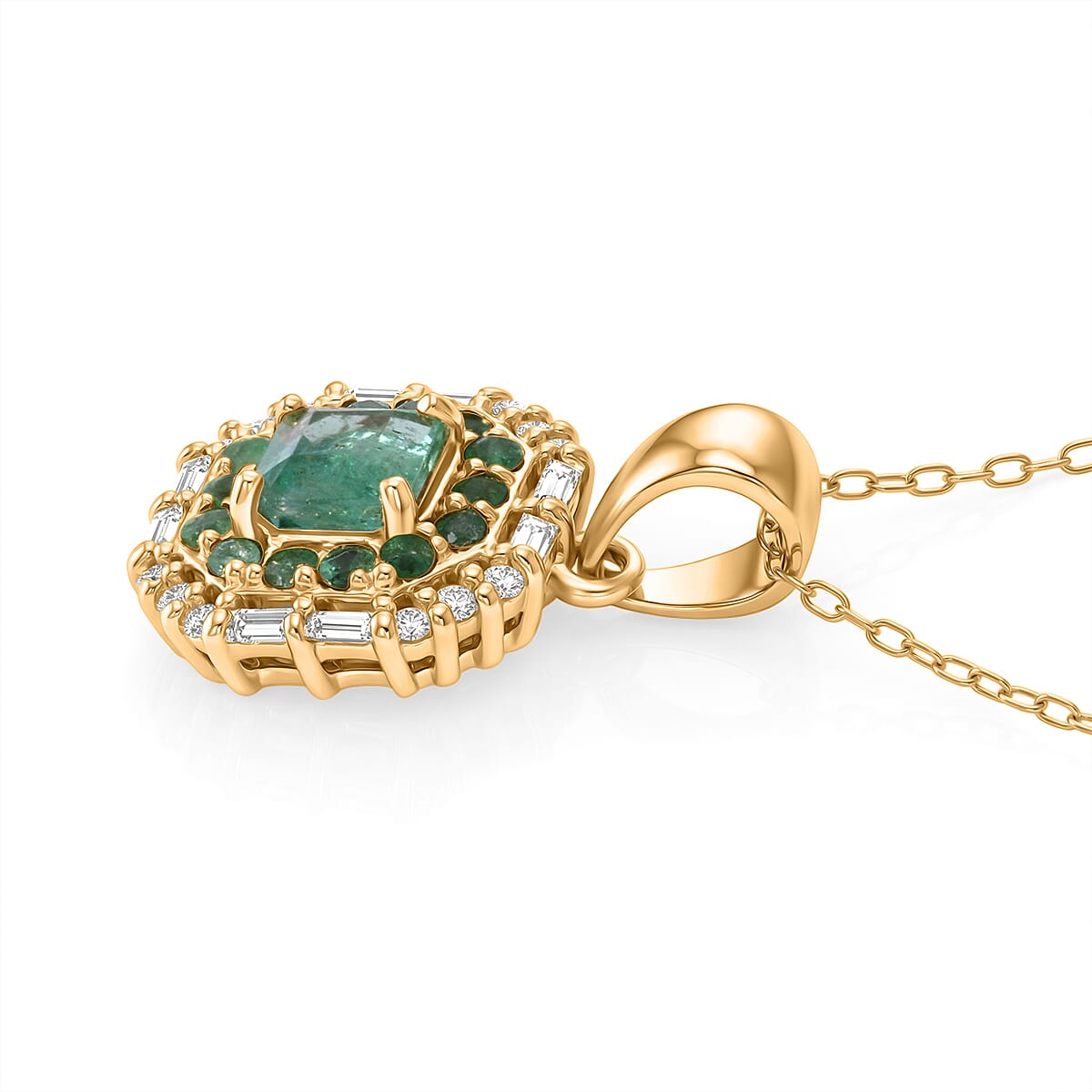 D'Joy AAA Kagem Zambian Emerald and Moissanite 1.70 ctw Royal Blossom Pendant Necklace in 18K Vermeil Yellow Gold Over Sterling Silver 20 Inches image number 3
