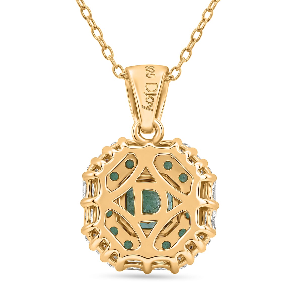 D'Joy AAA Kagem Zambian Emerald and Moissanite 1.70 ctw Royal Blossom Pendant Necklace in 18K Vermeil Yellow Gold Over Sterling Silver 20 Inches image number 4