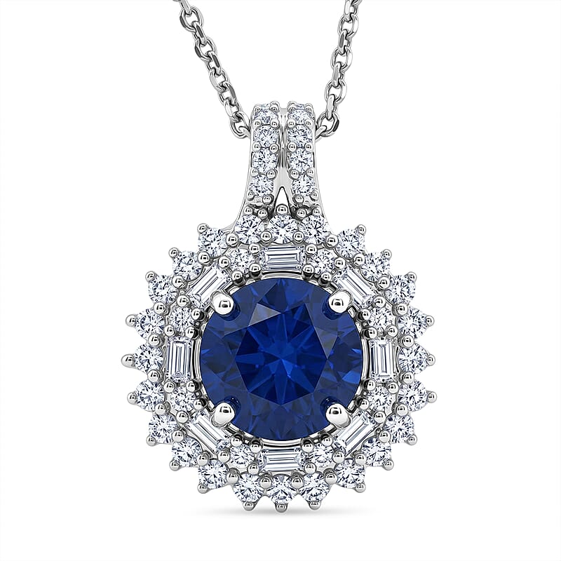 D'Joy Premium Tanzanian Blue Spinel (DF) and Moissanite 2.20 ctw Royal Midnight Halo Pendant Necklace in Rhodium Over Sterling Silver 20 Inches