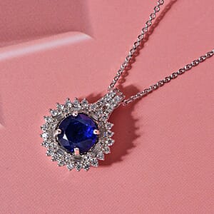 D'Joy Premium Tanzanian Blue Spinel (DF) and Moissanite 2.20 ctw Pendant Necklace in Rhodium Over Sterling Silver 20 Inches 