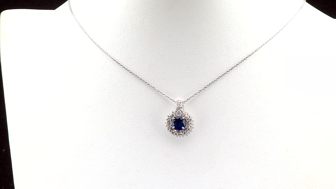 D'Joy Premium Tanzanian Blue Spinel (DF) and Moissanite 2.20 ctw Royal Midnight Halo Pendant Necklace in Rhodium Over Sterling Silver 20 Inches