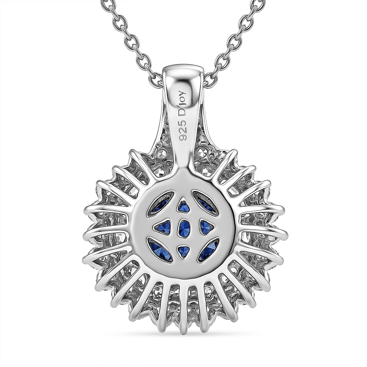 D'Joy Premium Tanzanian Blue Spinel (DF) and Moissanite 2.20 ctw Royal Midnight Halo Pendant Necklace in Rhodium Over Sterling Silver 20 Inches 