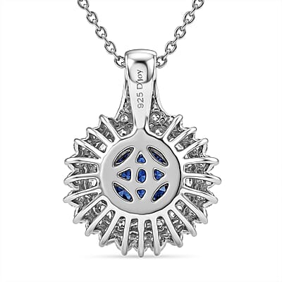 D'Joy Premium Tanzanian Blue Spinel (DF) and Moissanite 2.20 ctw Royal Midnight Halo Pendant Necklace in Rhodium Over Sterling Silver 20 Inches