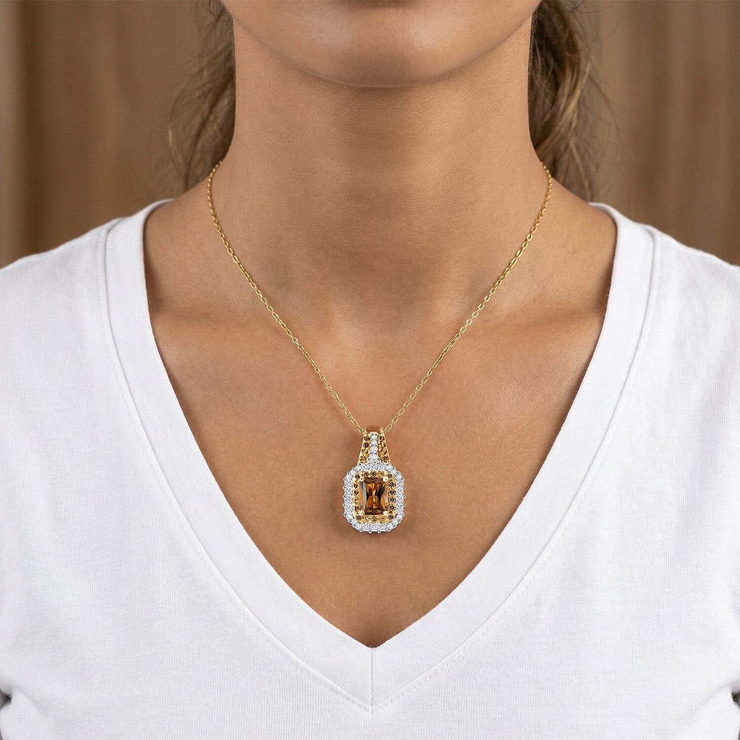 D'Joy AAA Golden Turkizite and Multi Gemstone 2.00 ctw Sunset Glow Halo Pendant Necklace in 18K Vermeil Yellow Gold Over Sterling Silver 20 Inches